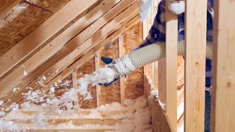 Installer applying insulation in an attic